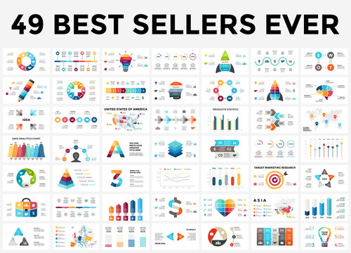 Vector infographics set. 49 slides best sellers. Circle diagrams, arrows graphs, creative presentations and idea charts. Medicine, education, business, marketing, startup, maps.