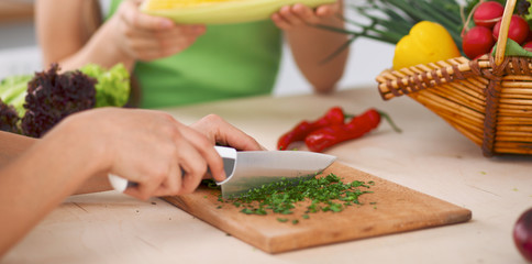 Close-up of human hands cooking vegetables salad in kitchen. Healthy meal and vegetarian concept