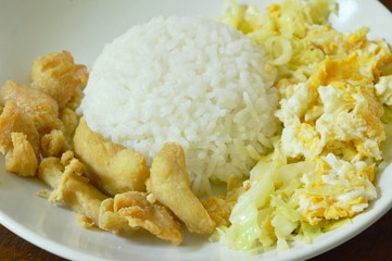 fried cabbage with egg and salty chicken on rice