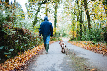 Man and his dog walking along a country lane surrounded by trees