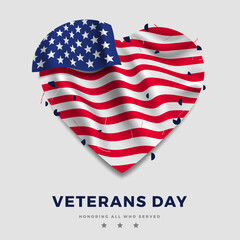 Veterans day poster, realistic American flag with folds in the shape of heart and text on gray background and. 3d illustration. Vector