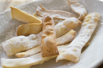 Italian carnival sweet fritters called crostoli or frappe