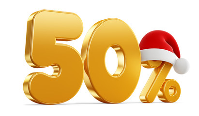 Christmas illustration of golden percent and red hat on white background. 3D rendering illustration. Fifty.
