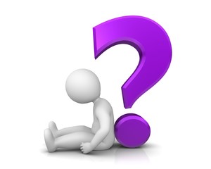 tired man  with question mark purple 3d sign symbol icon stick man isolated on white