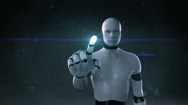 Robot, cyborg touching screen in digital interface background 4K size movie.1.