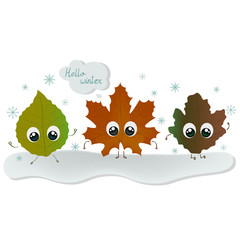 Fallen leaves with big eyes on a snow. hello winter. Vector illustration