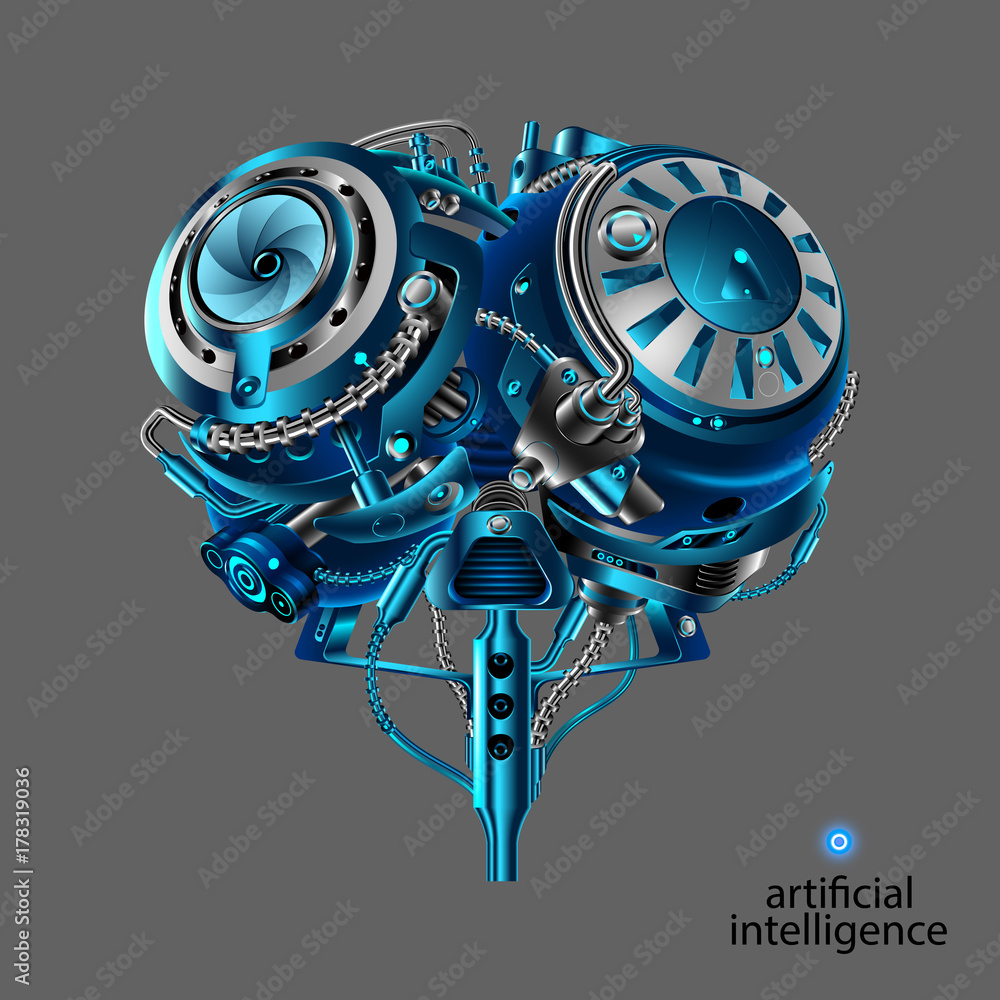 Poster The Mechanical brain of the robot. Artificial intelligence. Mechanical electronic part of the robot head in the style of cyber punk or steam punk vintage. Front view. VECTOR