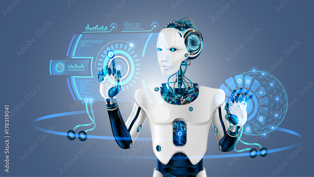 Aufkleber Robot cybernetic organism works with a virtual HUD interface in augmented reality. Humanoid robot with a plastic face presses the button on the digital screen. Future concept.