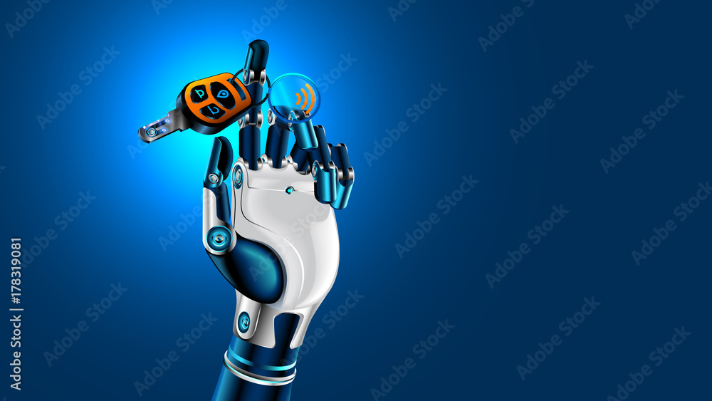 Poster robot hand with car key. symbol of autonomous car. future concept.