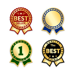 Ribbons award best price label set. Gold ribbon award icon isolated white background. Best quality golden label for badge, medal, best choice, price, certificate guarantee product Vector illustration