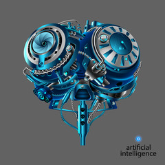 The Mechanical brain of the robot. Artificial intelligence. Mechanical electronic part of the robot head in the style of cyber punk or steam punk vintage. Front view. VECTOR
