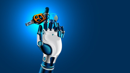 Robot hand with car key. Symbol of autonomous car. Future concept.