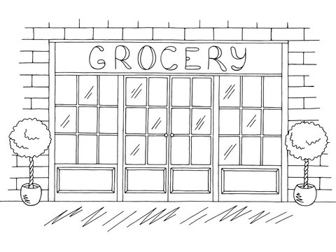 Grocery store shop exterior graphic black white sketch illustration vector