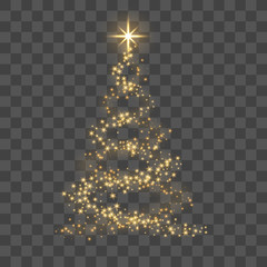 Christmas tree on transparent background. Gold Christmas tree as symbol of Happy New Year, Merry Christmas holiday celebration. Golden light decoration. Bright shiny design Vector illustration - 178320090