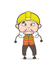 Angry Face with Steam from Nose - Cute Cartoon Male Engineer Illustration