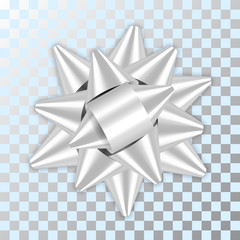 Silver bow ribbon decor element package. Shiny satin decoration gift present, isolated white transparent background. Christmas, New Year holiday celebration design Vector illustration
