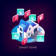 Smart home. Concept of smart house technology system with centralized control. Isometric vector illustration.