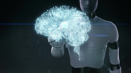 Robot, cyborg touching brain connected CPU chip circuit board, 4K size movie.grow artificial intelligence. 2. 