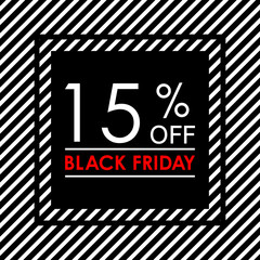 15% off. Black Friday sale and discount banner. Sales tag design template. Vector illustration.