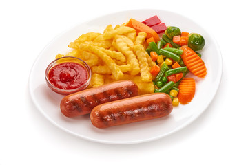 Grilled sausages with potatoes fries and vegetables, isolated on white background