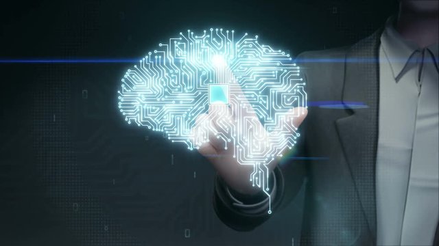 Businessman touching brain connected CPU chip circuit board, 4K size movie.grow artificial intelligence. 1. 