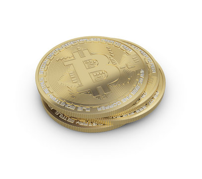 3d illustration of Bitcoins. Physical bit coin. Cryptocurrency. Golden coin with bitcoin symbol isolated on white background