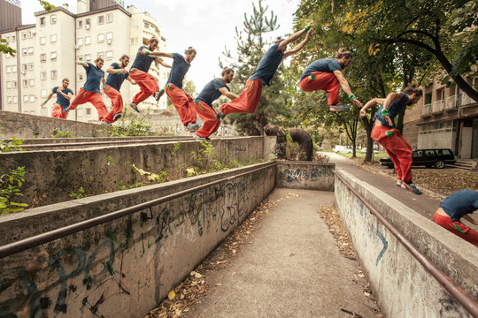Man Jumping as Part of Parkour Practice