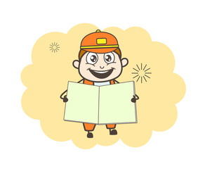 Cheerful Little Postman Showing Blank Notebook Vector
