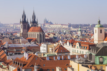 Fototapeta na wymiar Prague Old Town, Prague Castle, row houses with traditional red roofs in the Czech Republic, view from the tower 