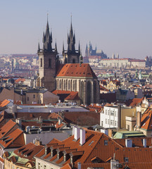 Prague Old Town, Prague Castle,  row houses with traditional red roofs in the Czech Republic, view...