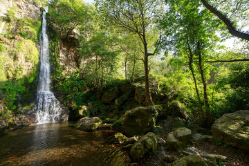 Landscape of one of water cascades of Oneta waterfalls in picturesque forest of Asturias, Spain.  