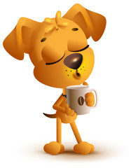 Yellow dog holding coffee cup