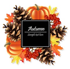 Autumn card background. Pumpkin and colorful leaves Vector
