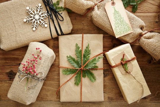 Still life of group of homemade wrapped holiday presents