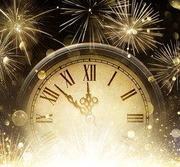 Fototapeta na wymiar Waiting Midnight - Clock And Fireworks - Happy New Year 