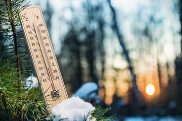 thermometer with sub-zero temperatures in the winter forest - obrazy, fototapety, plakaty
