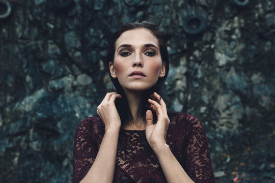 Beautiful girl in a stone quarry