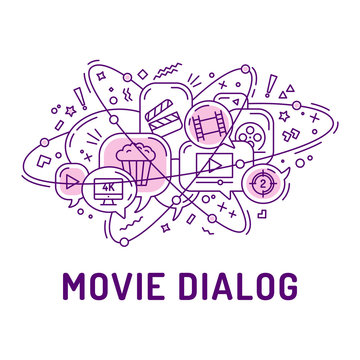 Illustration from movie or cinema icons in chat bubbles with three orbital ovals