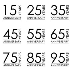 Anniversary icon or label set. 15,25,35,45,55,65,75,85,95 th years celebration and congratulation emblem. Vector illustration.