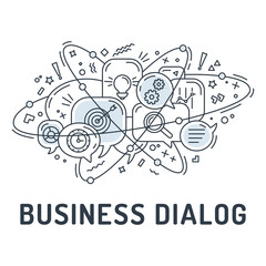 Illustration from business or star up icons in chat bubbles with three orbital ovals