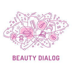 Illustration from beauty icons in chat bubbles with three orbital ovals