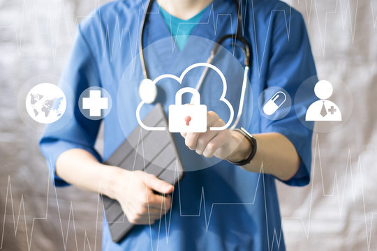 Doctor pushing button cloud lock security healthcare network on virtual panel management.