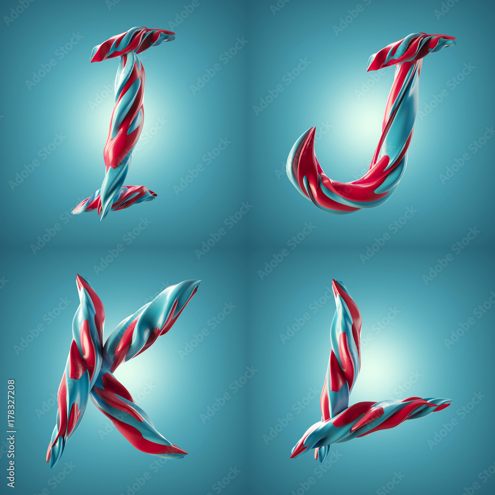 Poster 3d render of twisted colorful letters with shiny paint surface effect
