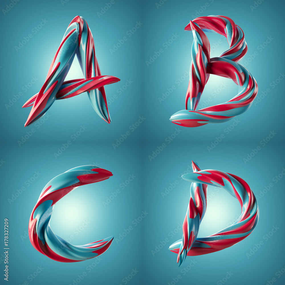 Poster 3d render of twisted colorful letters with shiny paint surface effect