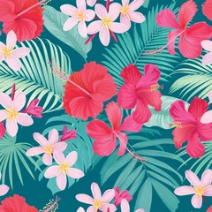 Deurstickers Tropical seamless pattern with hibiscus syriacus and plumeria flower with leaf on blue background. Vector set of exotic tropical garden for wedding invitations, greeting card and fashion design.  © mamsizz