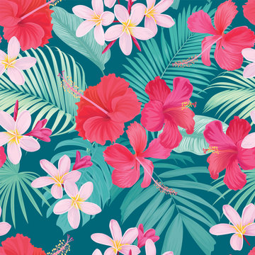 Tropical seamless pattern with hibiscus syriacus and plumeria flower with leaf on blue background. Vector set of exotic tropical garden for wedding invitations, greeting card and fashion design. 