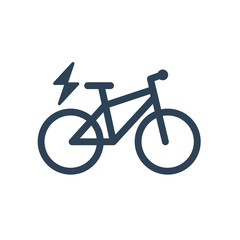Fototapeta premium Isolated electric city bike symbol icon on white background. Trekking e-bike line silhouette with electricity flash lighting thunderbolt sign. 