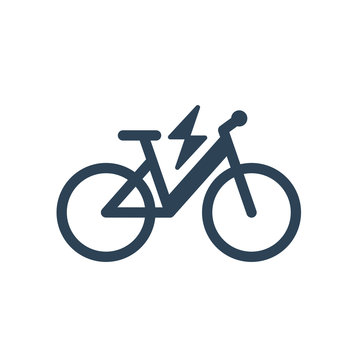 Isolated electric city bike symbol icon on white background. Trekking e-bike line silhouette with electricity flash lighting thunderbolt sign.
