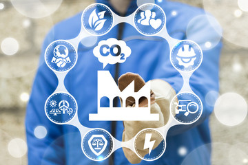 CO2 - Carbon Dioxide Manufacturing Emissions Reduction. Eco Industry concept. Industrial worker...