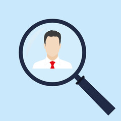 Find person icon. Human resources and recruitment symbol. HR looking for worker with magnifying glass. Customer target concept with magnifier and man icon inside. Vector illustration.